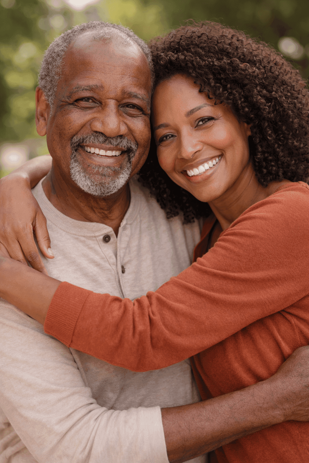 Elderly father and adult daughter embracing warmly, showing family care and connection that Vera medication monitoring helps maintain