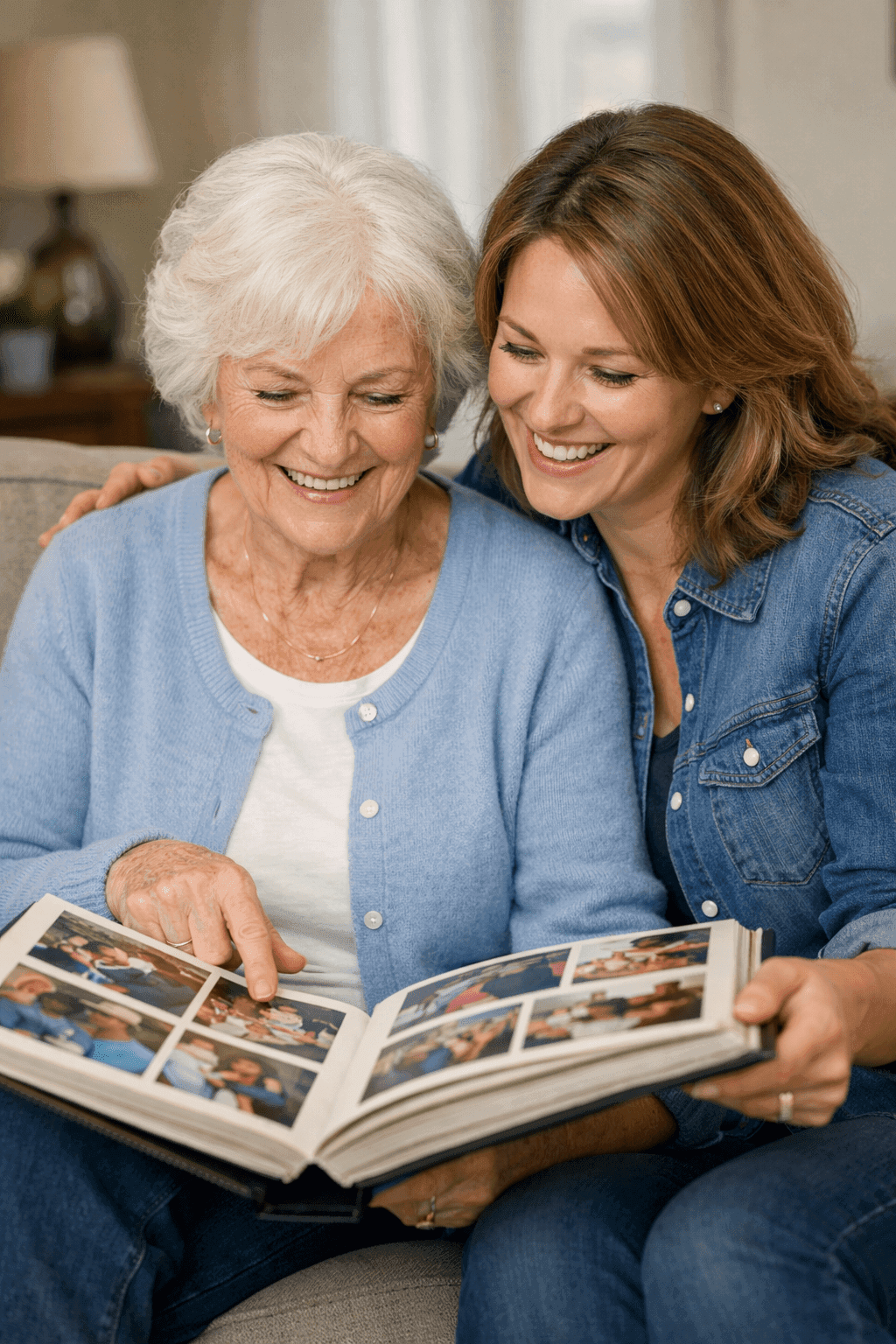 Mother and daughter looking at photo album together, creating precious family memories while medication support ensures safety